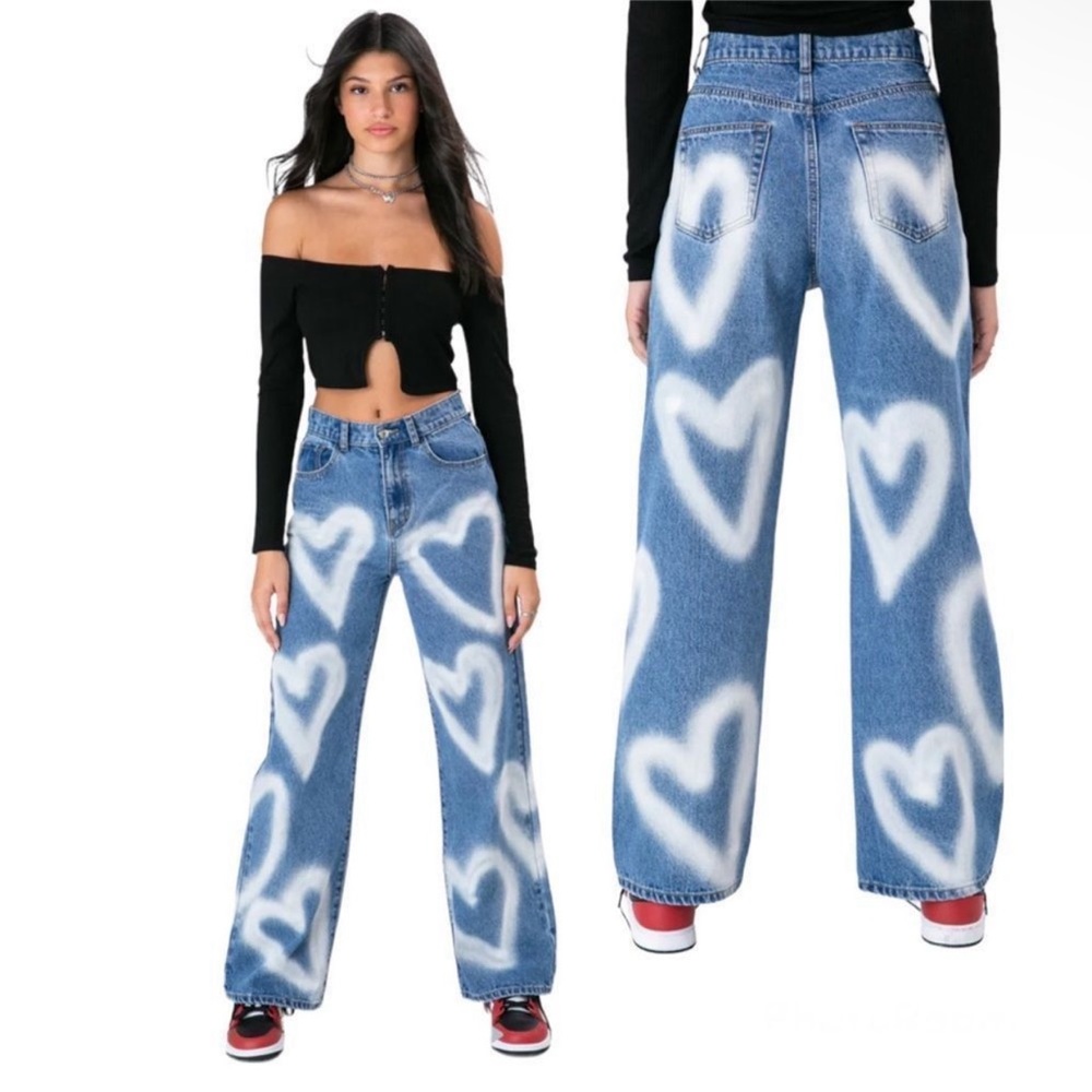 Adika High Rise High Waist Wide Leg Heart Vintage Denim Jeans Size XS y2k